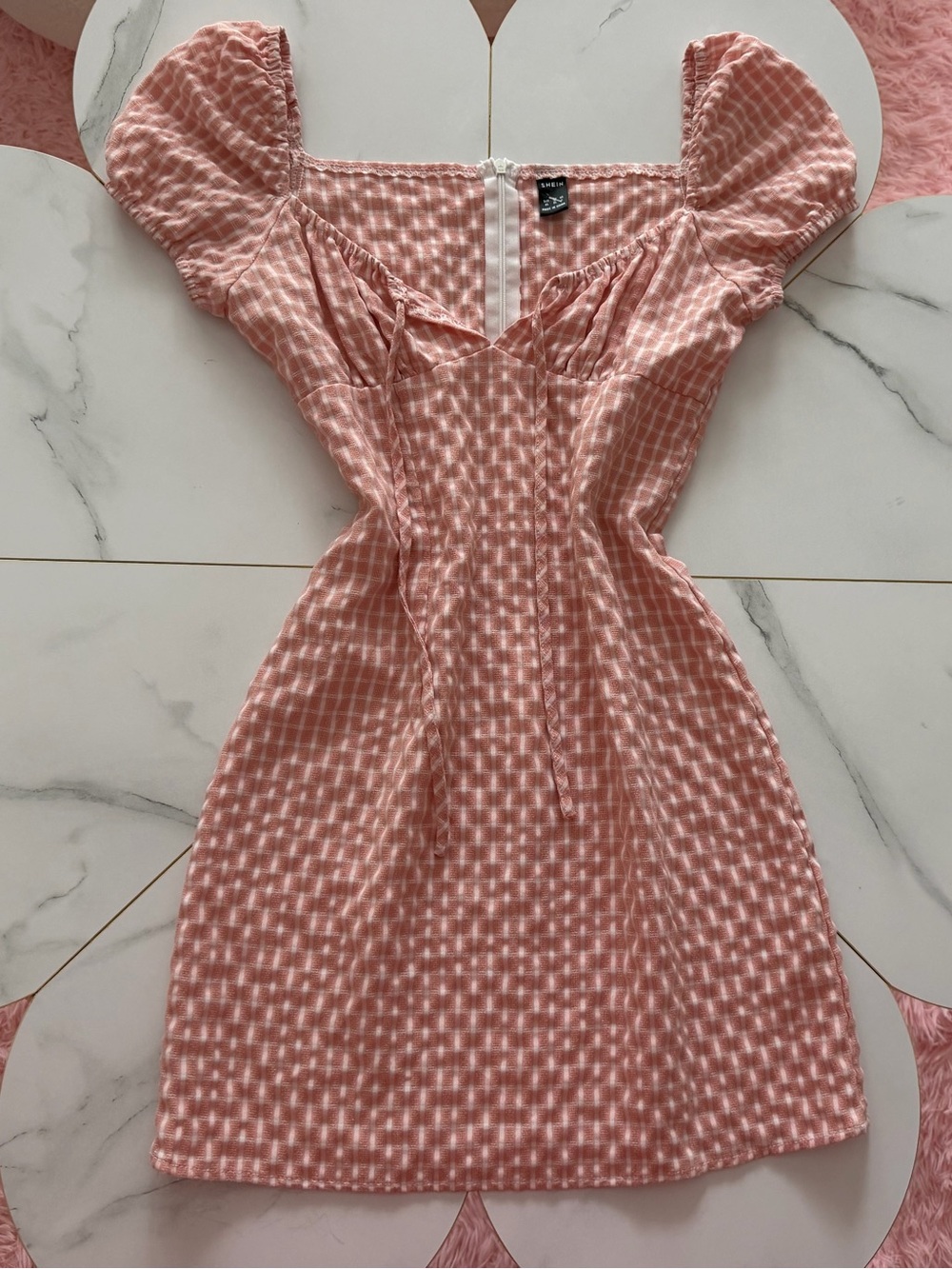 Pink Gingham Puff-Sleeve Mini Dress